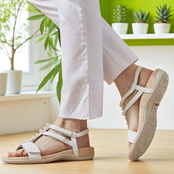 VIONIC ( 10 ) MIKAH White Leather Backstrap Sandal Pearl Detail 3-Zone Comfort - Picture 1 of 15